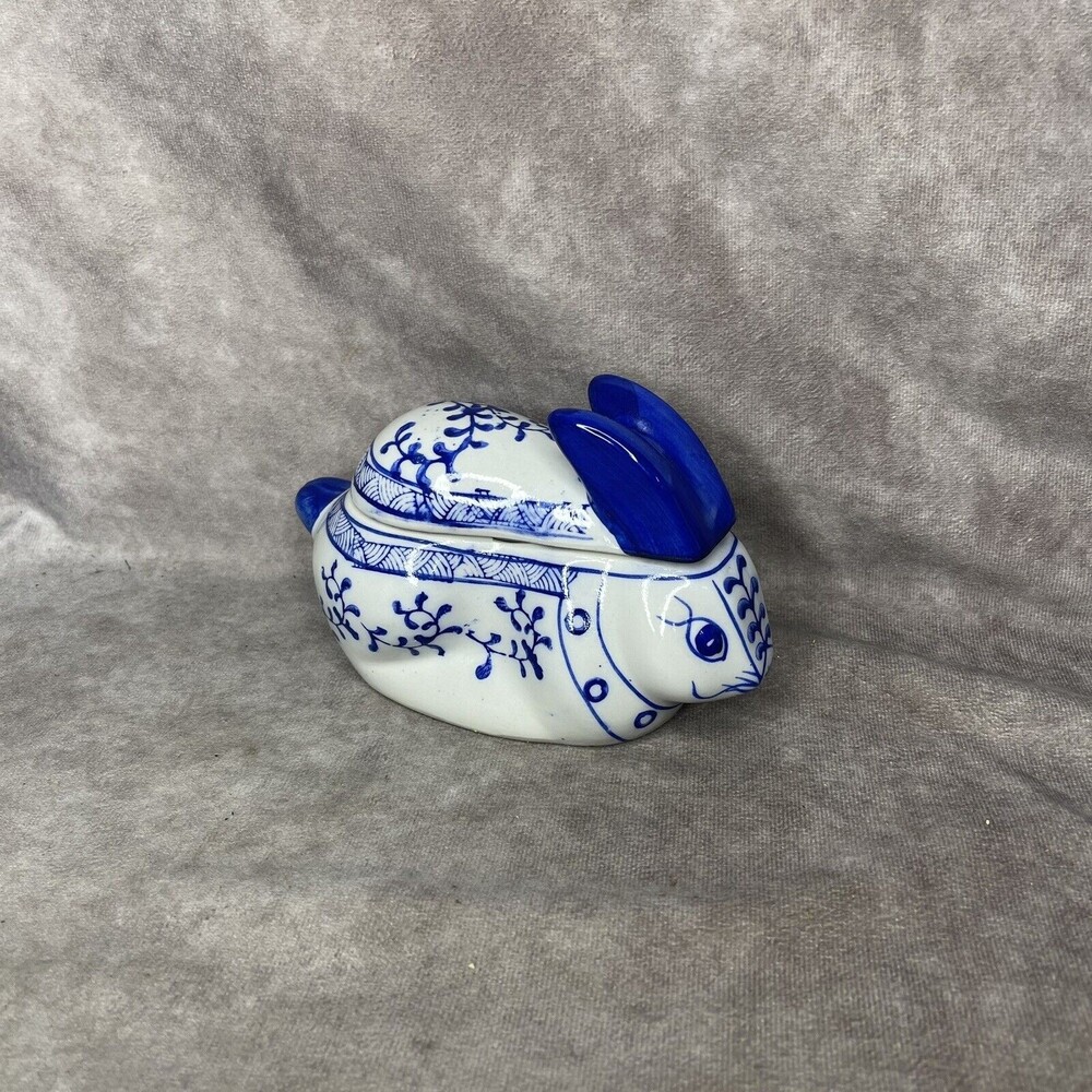Vintage Delft Blue & White Bunny Trinket Candy Creamer Box Ceramic Easter Decor